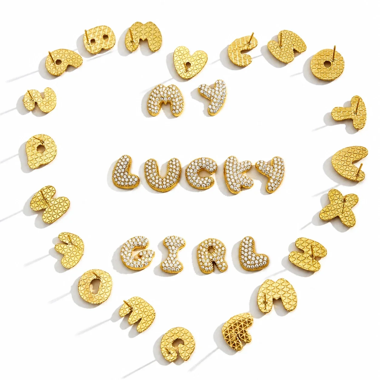 Bubble Letter 18K Gold-Plated Pavé CZ 316L Stud Earrings