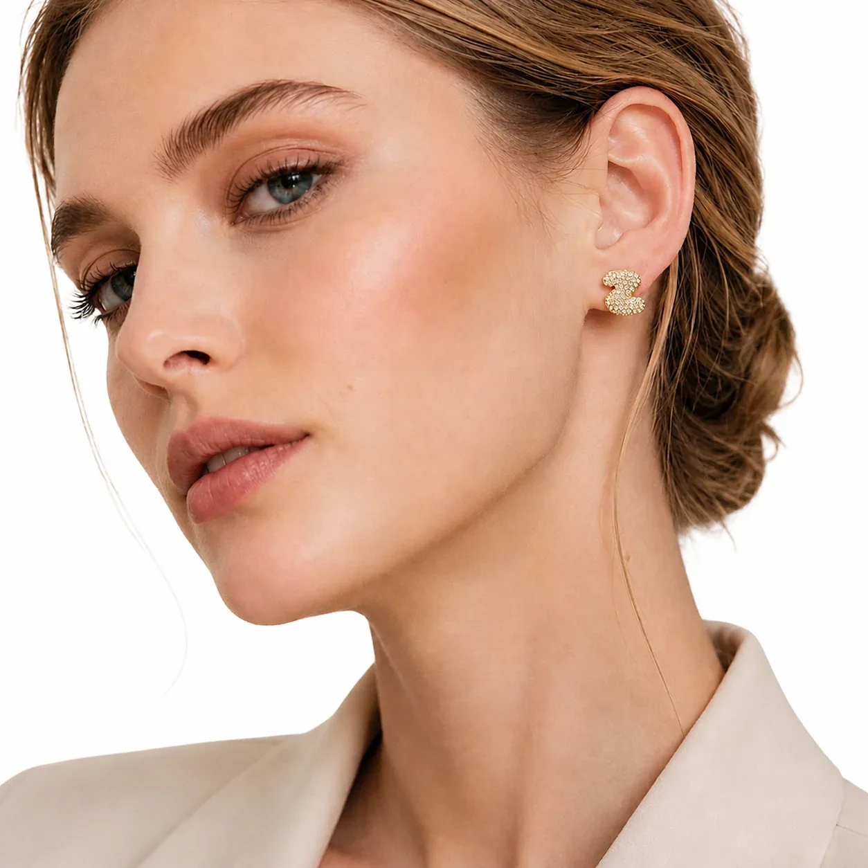 Bubble Letter 18K Gold-Plated Pavé CZ 316L Stud Earrings