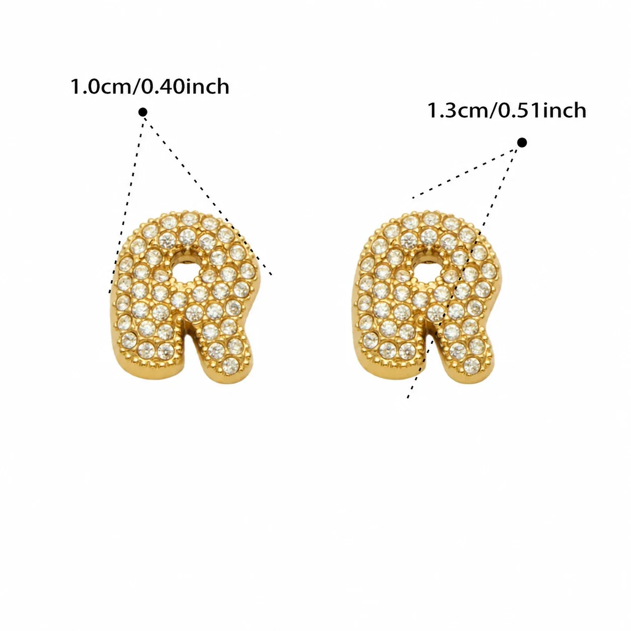 Bubble Letter 18K Gold-Plated Pavé CZ 316L Stud Earrings - Gold Letter R