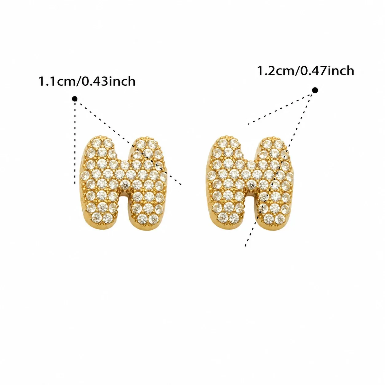 Bubble Letter 18K Gold-Plated Pavé CZ 316L Stud Earrings - Gold Letter H