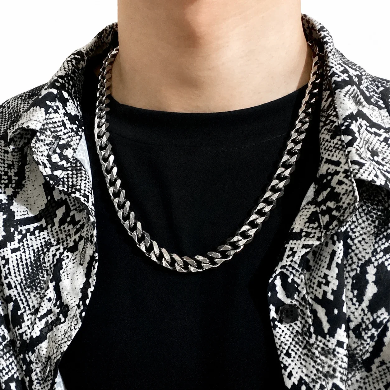 Heavy Stainless Steel Silver-Tone Faceted Cuban Chain Necklace