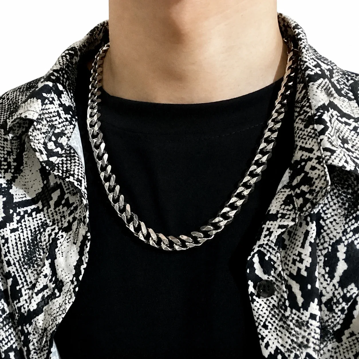 Heavy Stainless Steel Silver-Tone Faceted Cuban Chain Necklace