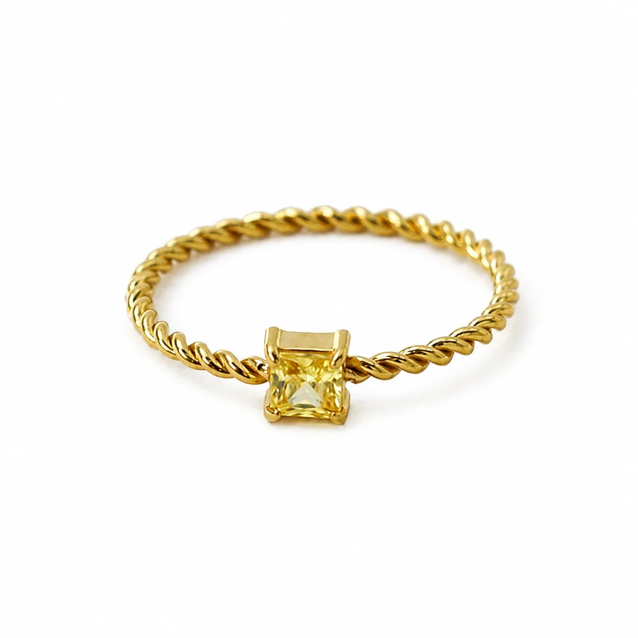 Ring Twisted Band Princess CZ 18K Gold-Plated Stainless Steel