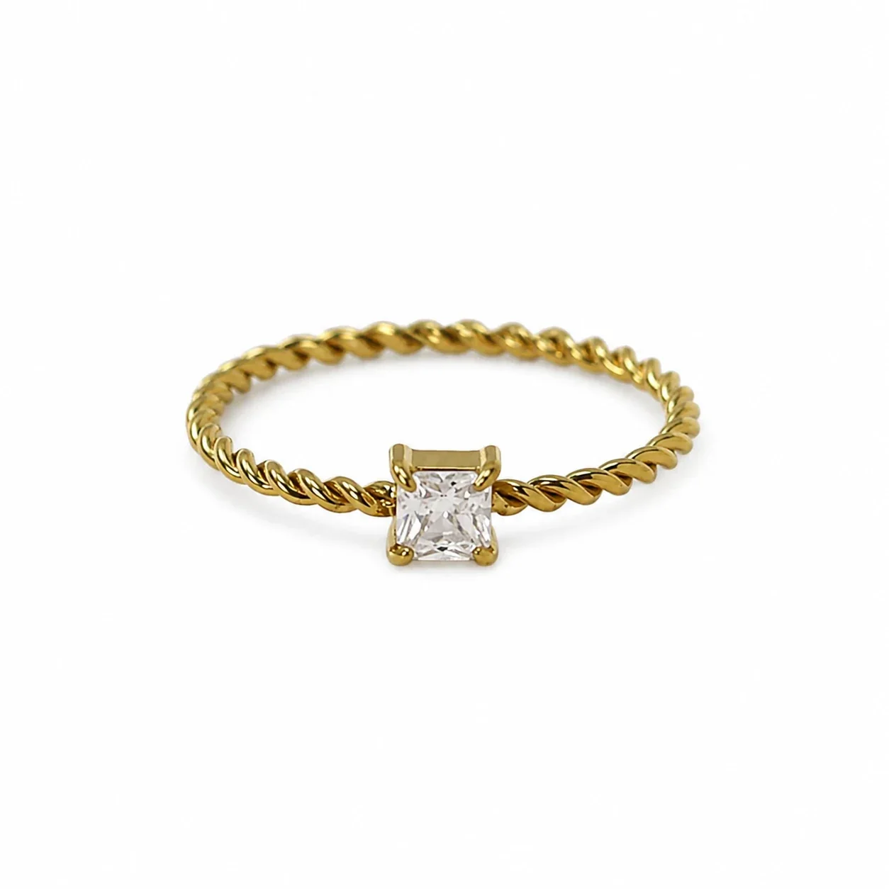 Ring Twisted Band Princess CZ 18K Gold-Plated Stainless Steel