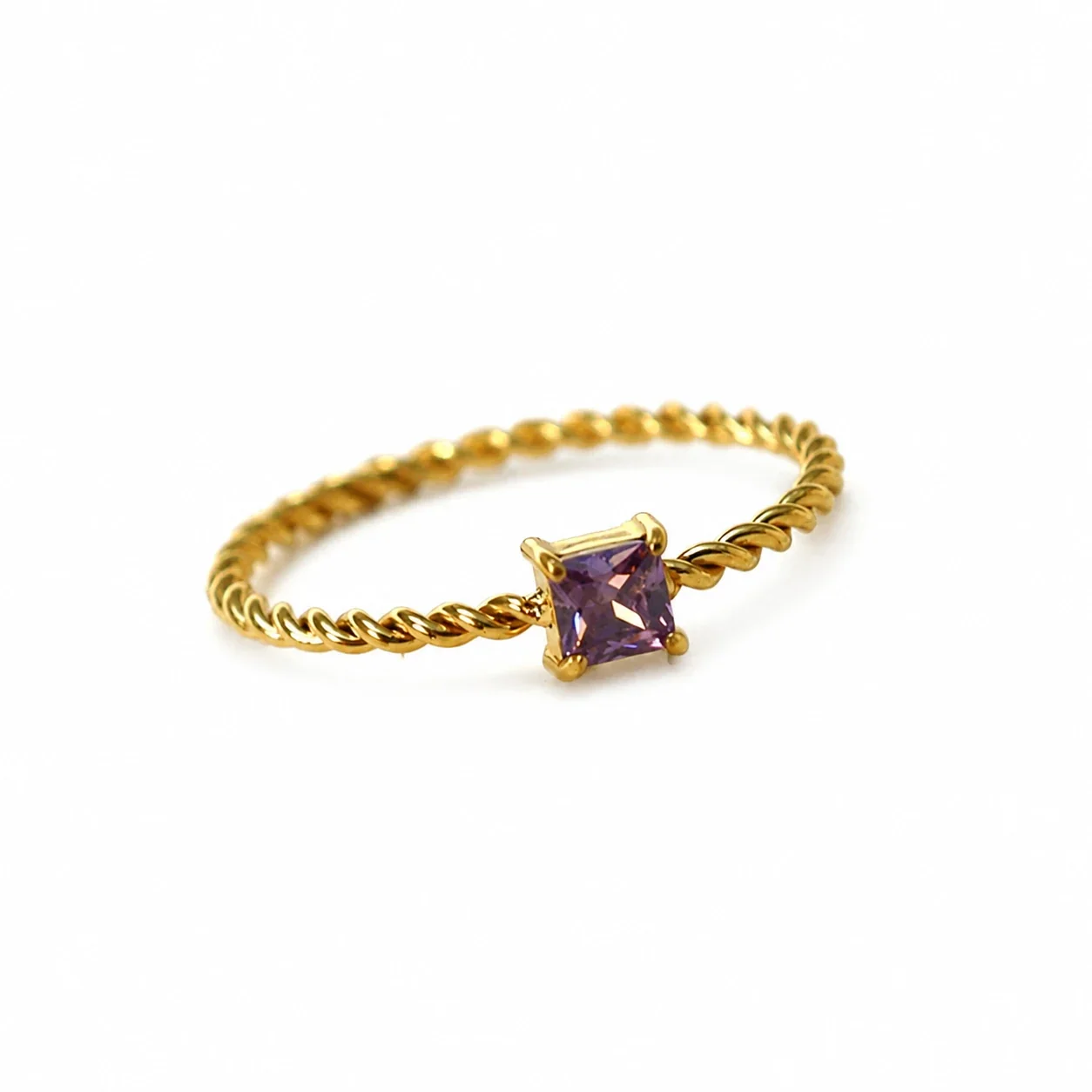 Ring Twisted Band Princess CZ 18K Gold-Plated Stainless Steel