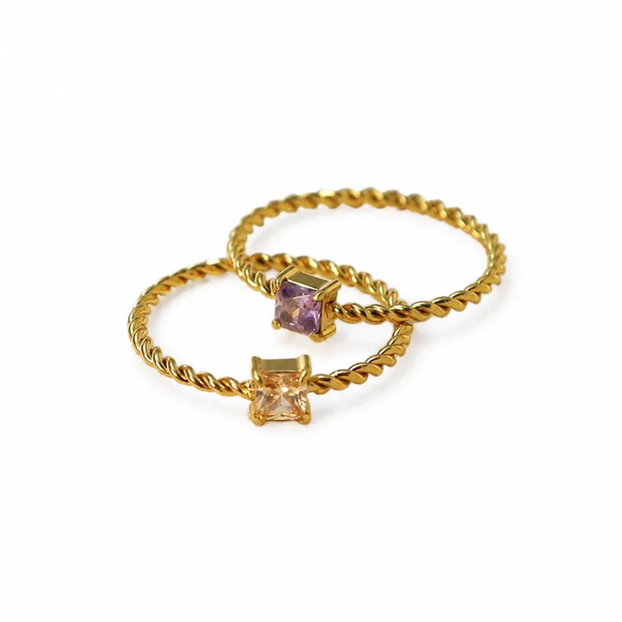 Ring Twisted Band Princess CZ 18K Gold-Plated Stainless Steel