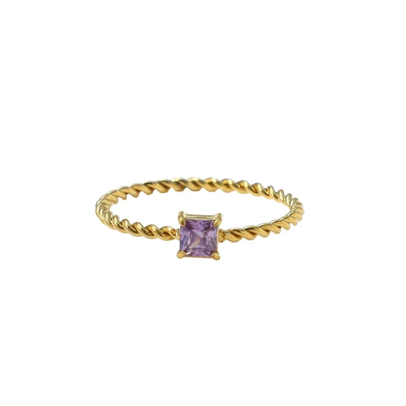 Ring Twisted Band Princess CZ 18K Gold-Plated Stainless Steel - Gold Purple CZ