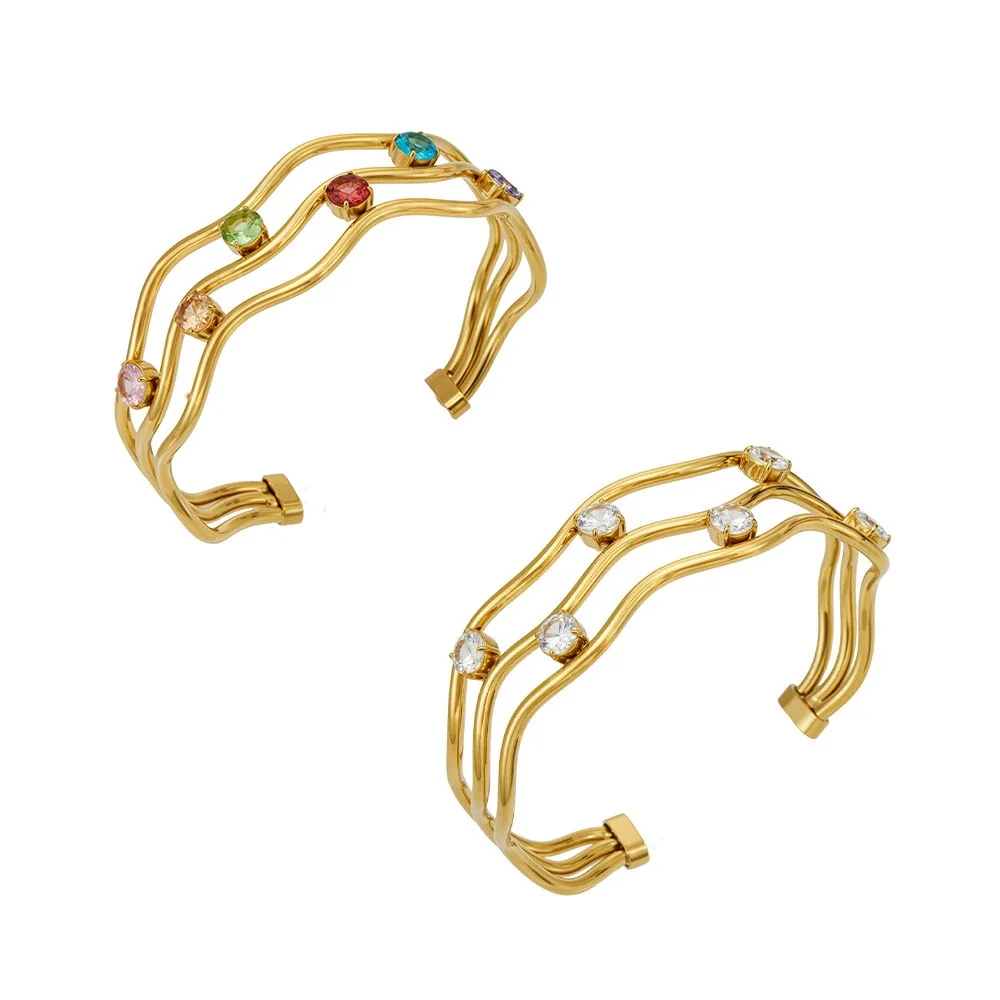 Wavy Three-Rail 316L Stainless Steel CZ Cuff PVD Bracelet