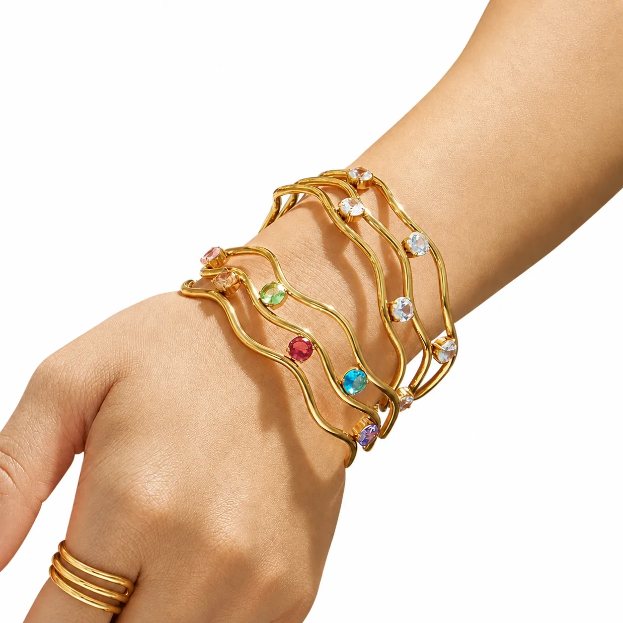 Wavy Three-Rail 316L Stainless Steel CZ Cuff Bracelet