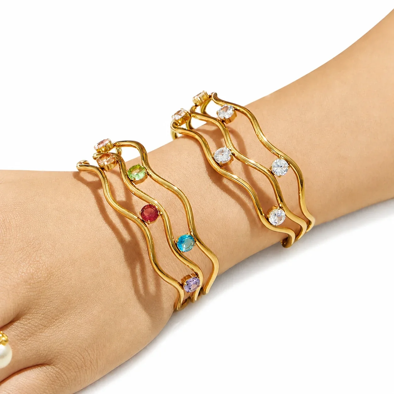 Wavy Three-Rail 316L Stainless Steel CZ Cuff Bracelet