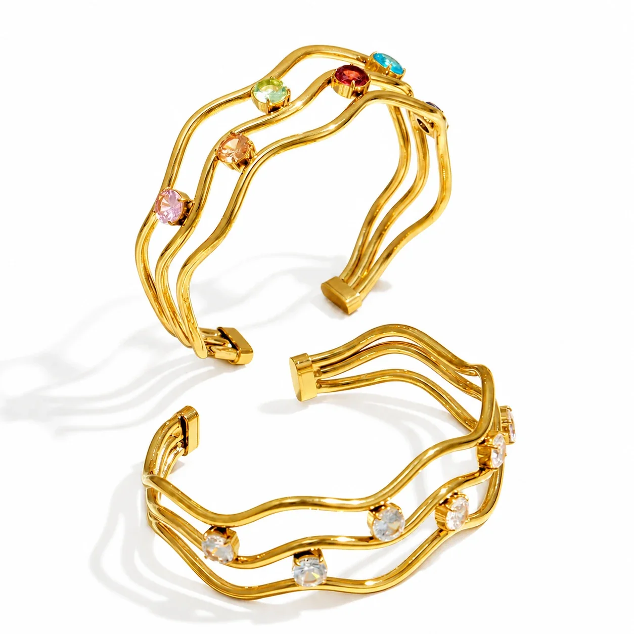 Wavy Three-Rail 316L Stainless Steel CZ Cuff Bracelet