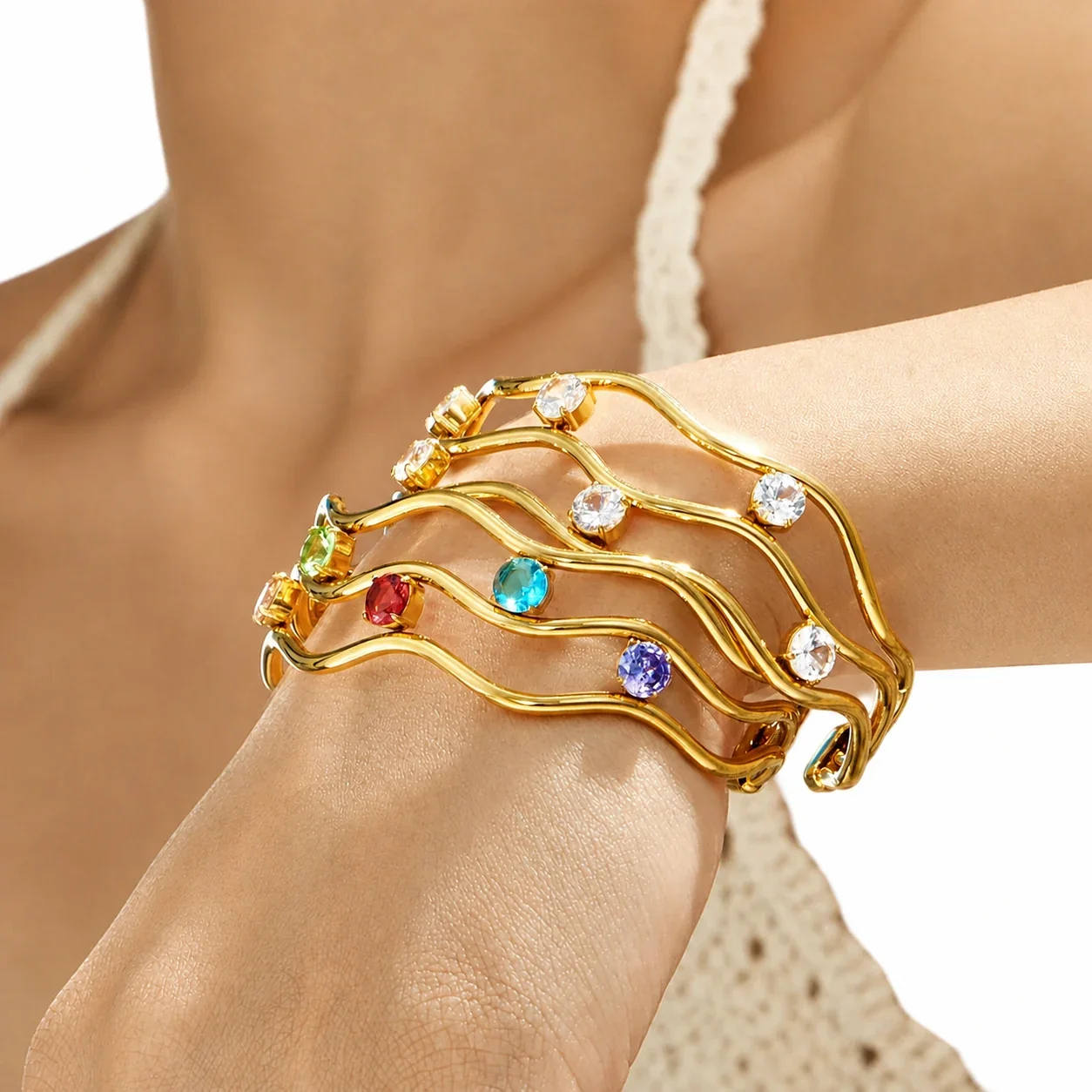 Wavy Three-Rail 316L Stainless Steel CZ Cuff Bracelet