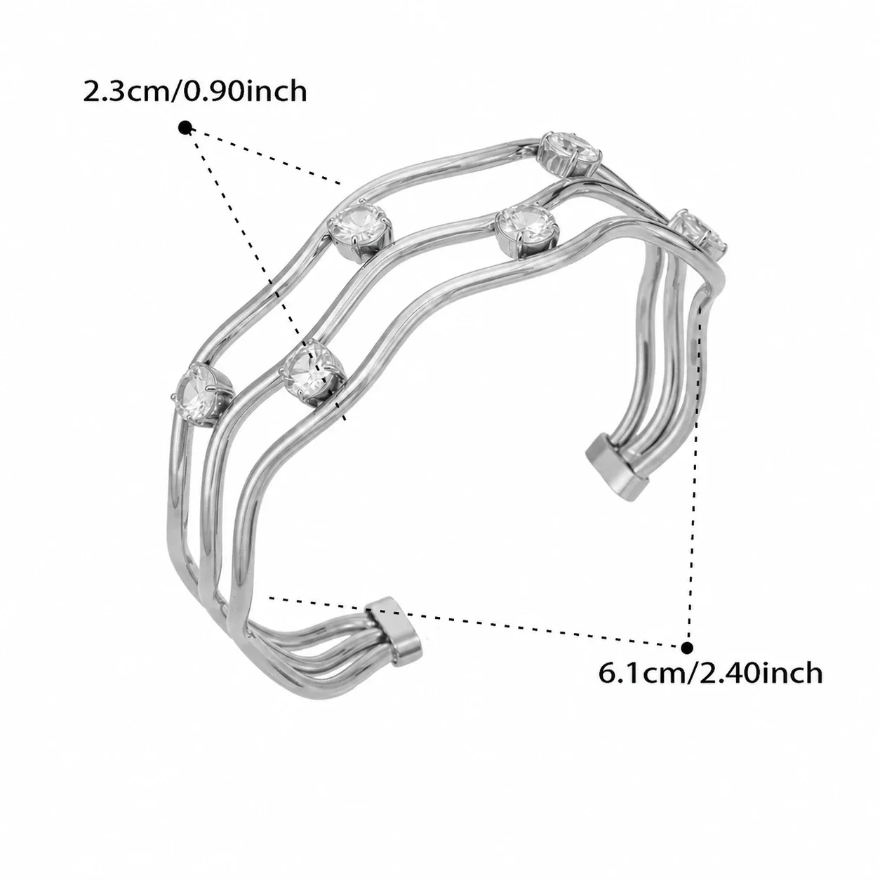 Wavy Three-Rail 316L Stainless Steel CZ Cuff Bracelet - Silver Clear CZ