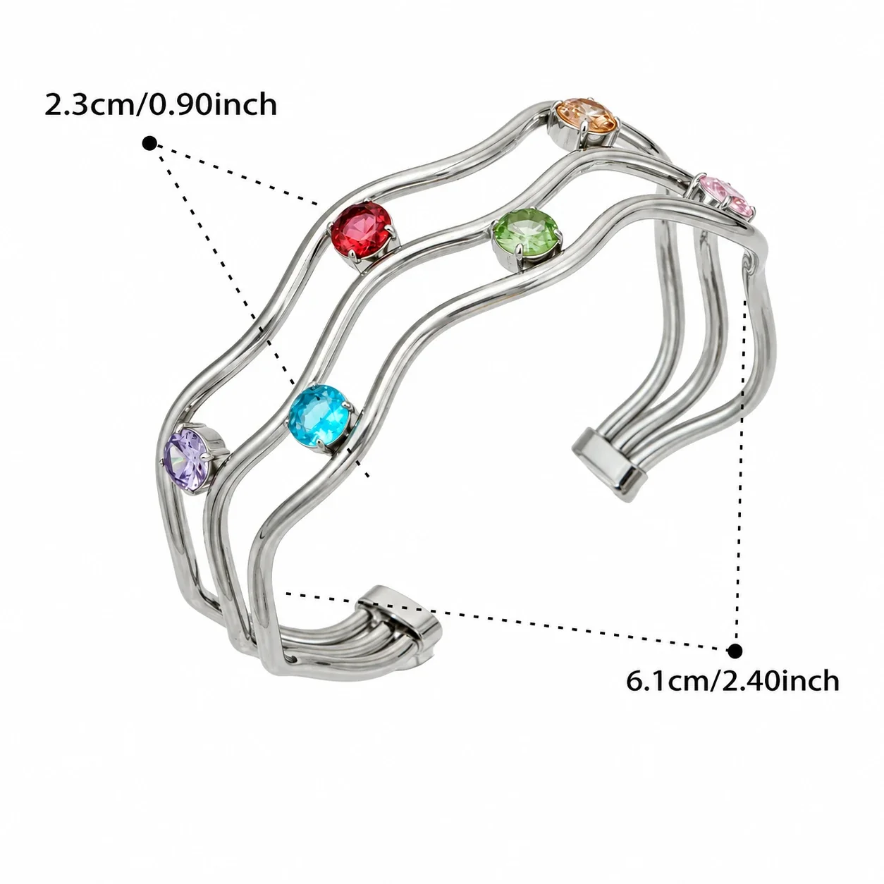 Wavy Three-Rail 316L Stainless Steel CZ Cuff Bracelet - Silver Multicolor CZ