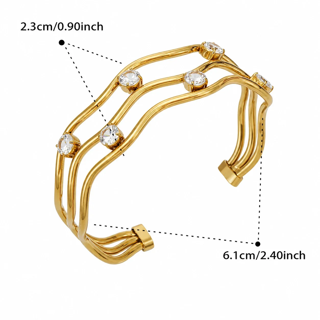 Wavy Three-Rail 316L Stainless Steel CZ Cuff Bracelet - Gold Clear CZ