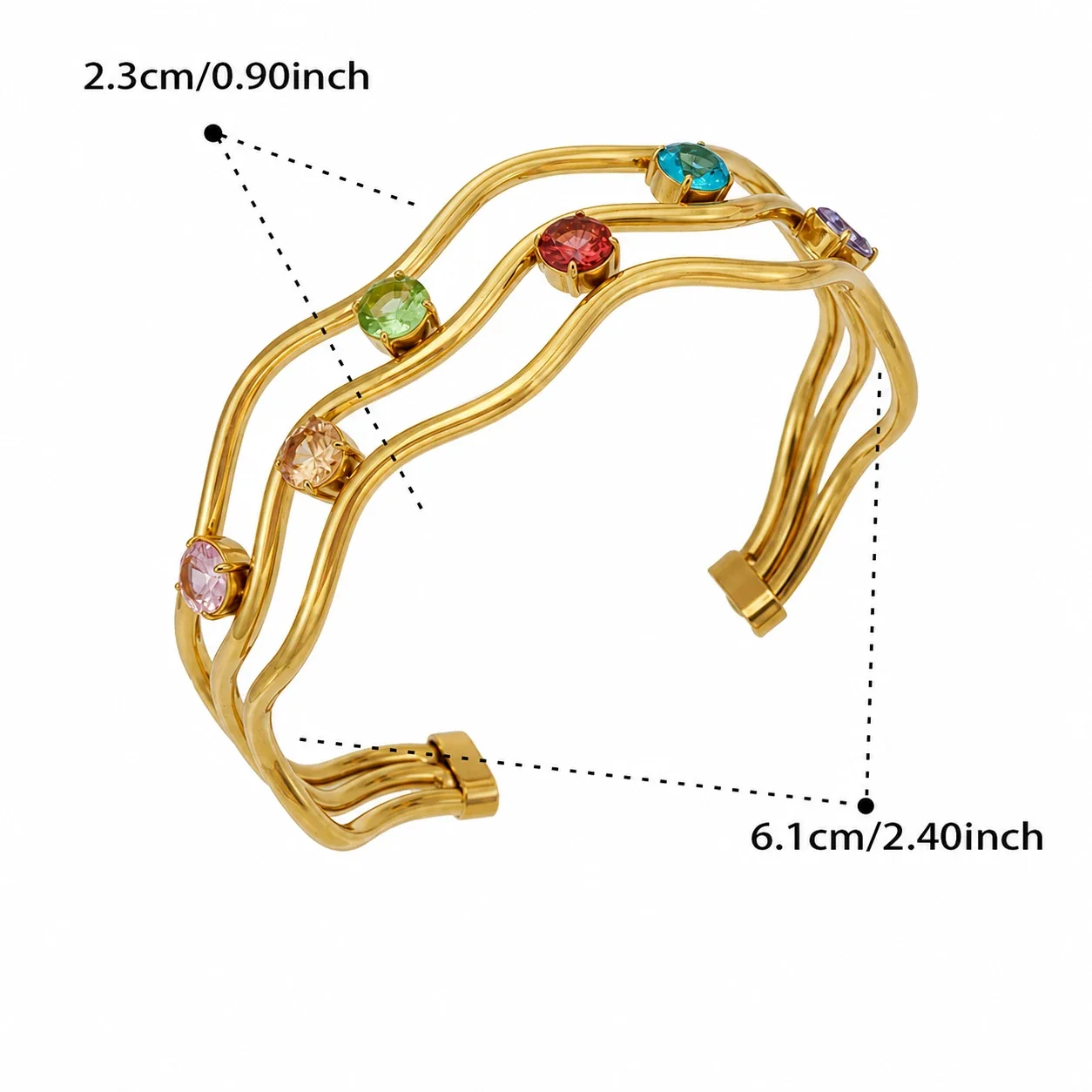 Wavy Three-Rail 316L Stainless Steel CZ Cuff Bracelet - Gold Multicolor CZ