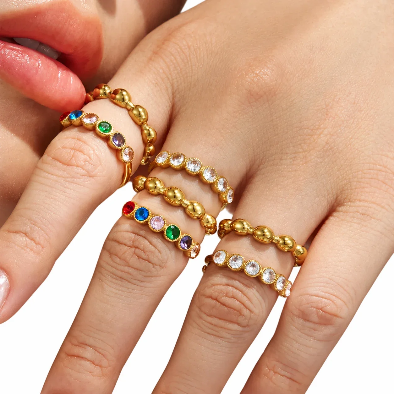Stacking Rings with Bezel Crystals & Beaded Band, 316 Stainless Steel