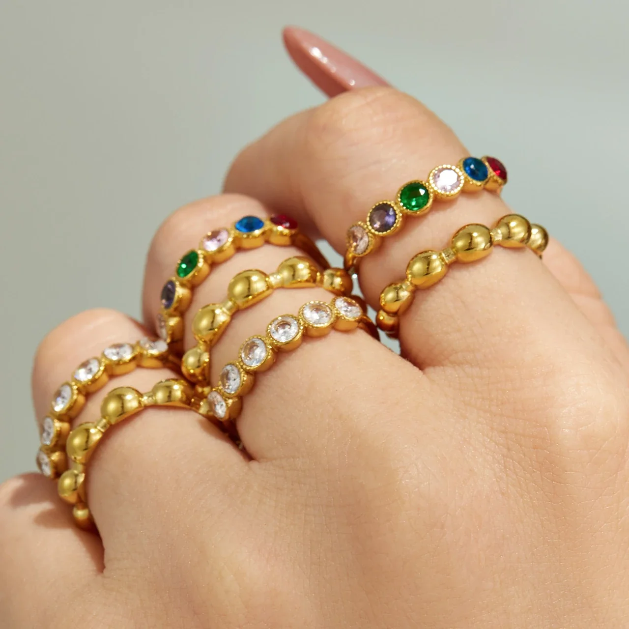 Stacking Rings with Bezel Crystals & Beaded Band, 316 Stainless Steel