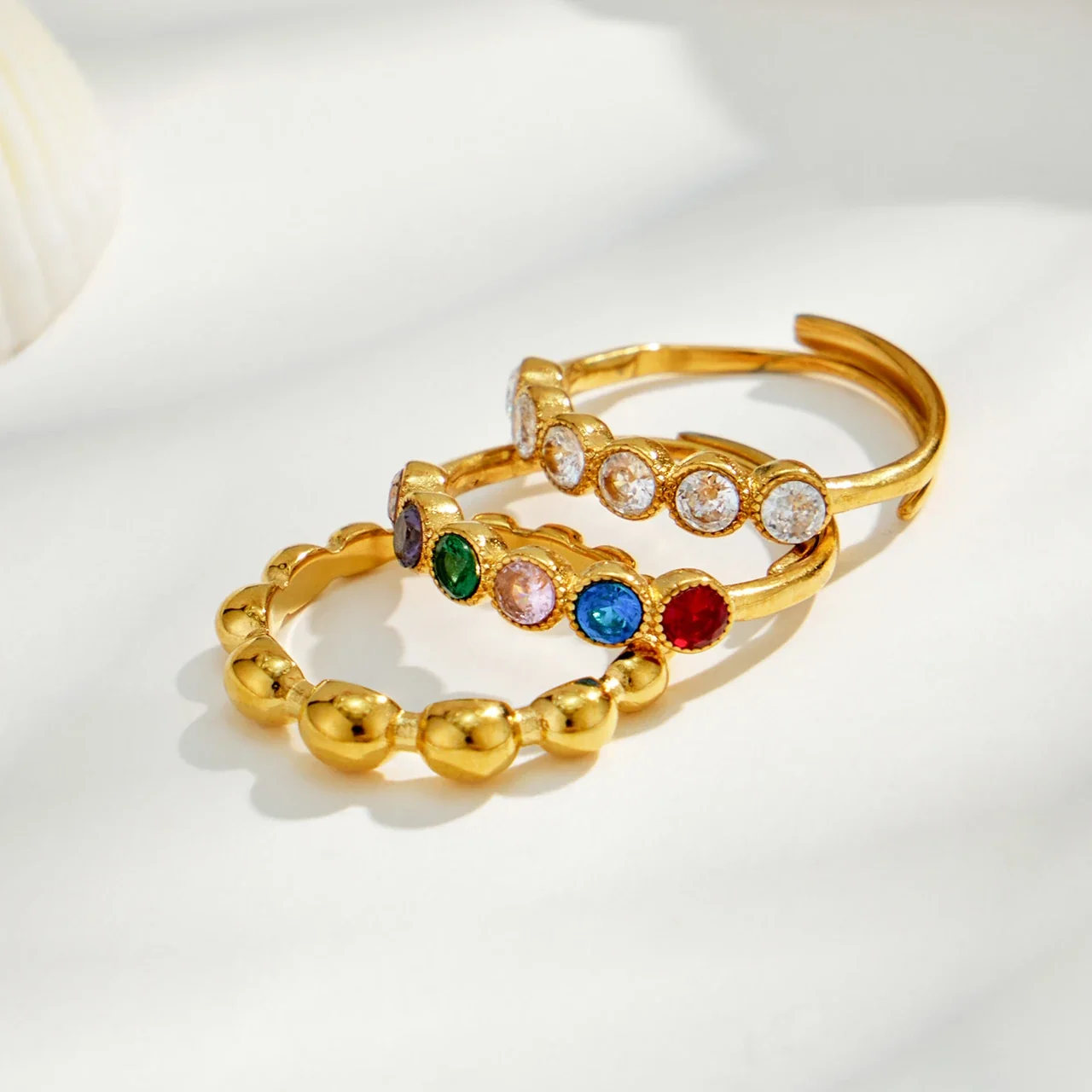 Stacking Rings with Bezel Crystals & Beaded Band, 316 Stainless Steel