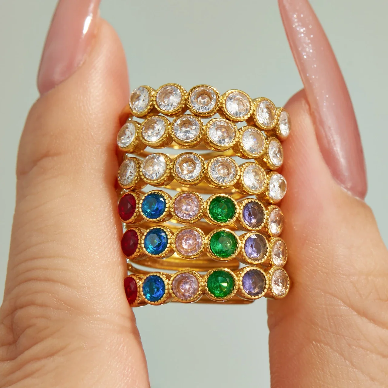 Stacking Rings with Bezel Crystals & Beaded Band, 316 Stainless Steel