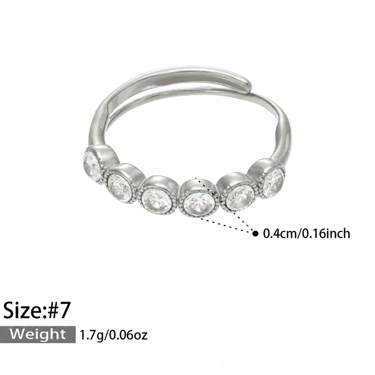 Stacking Rings with Bezel Crystals & Beaded Band, 316 Stainless Steel - Silver White CZ
