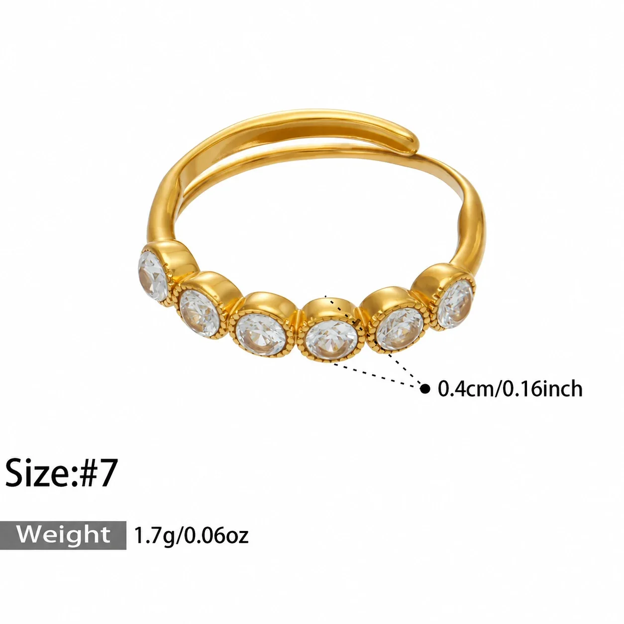 Stacking Rings with Bezel Crystals & Beaded Band, 316 Stainless Steel - Gold White CZ