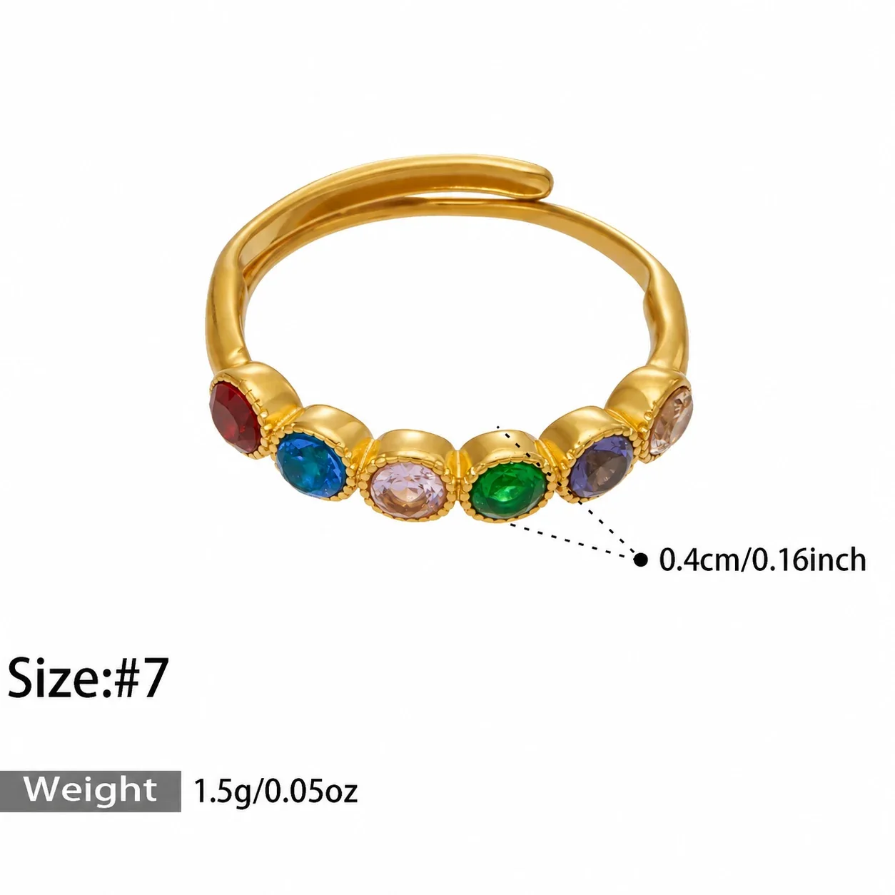 Stacking Rings with Bezel Crystals & Beaded Band, 316 Stainless Steel - Gold Multicolor CZ