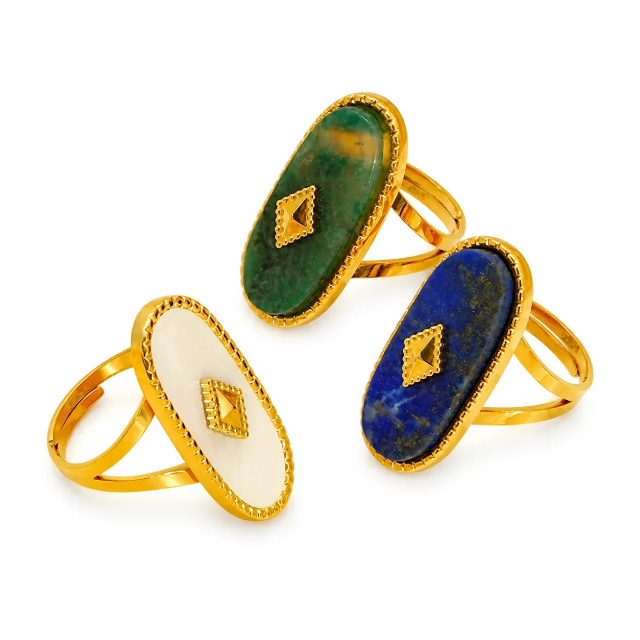 Adjustable Ring with Oval Crystal Beaded Frame, Gold-Plated Steel