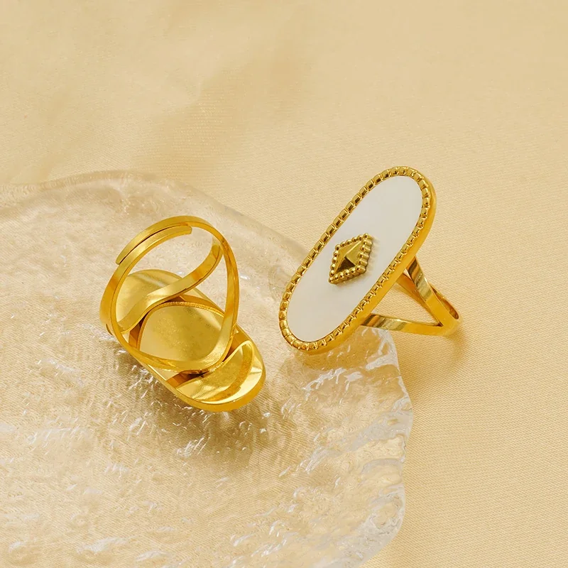 Adjustable Ring with Oval Crystal Beaded Frame, Gold-Plated Steel