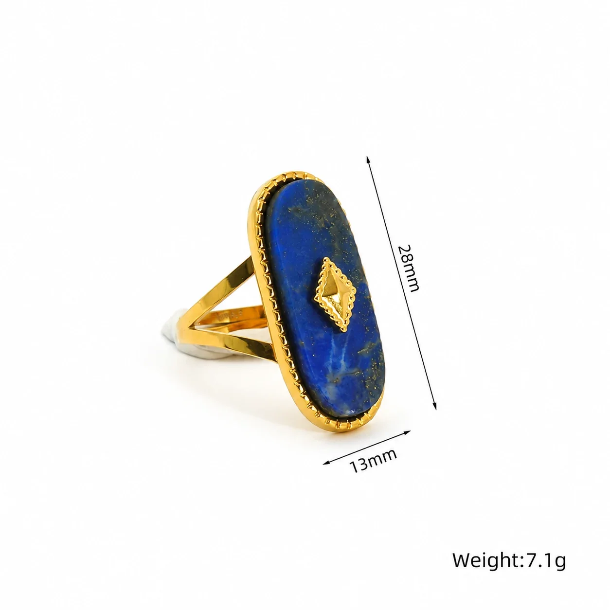 Adjustable Ring with Oval Crystal Beaded Frame, Gold-Plated Steel - Gold Blue Crystal