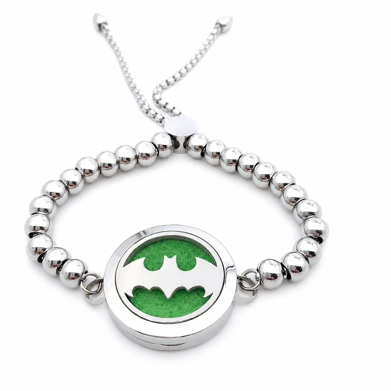 Polished 316 Stainless Steel Beaded Locket Bracelet - Silver Floral Medallion