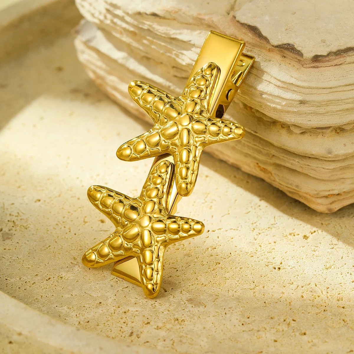 Hair Clips, Textured Starfish & Puffed Heart, Gold-Plated Steel