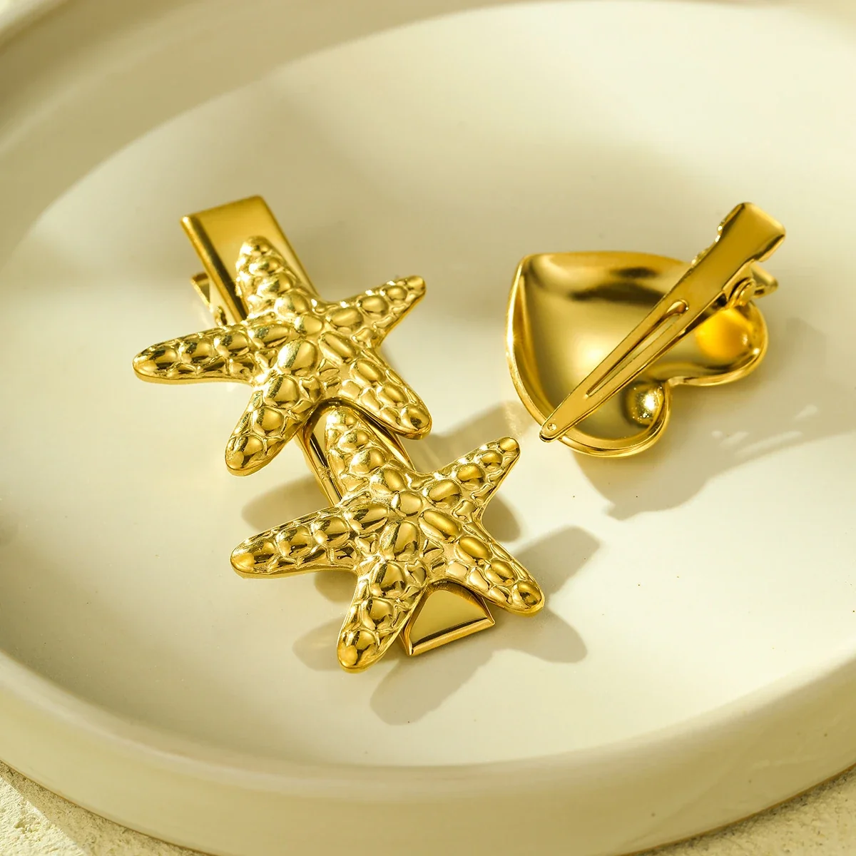 Hair Clips, Textured Starfish & Puffed Heart, Gold-Plated Steel