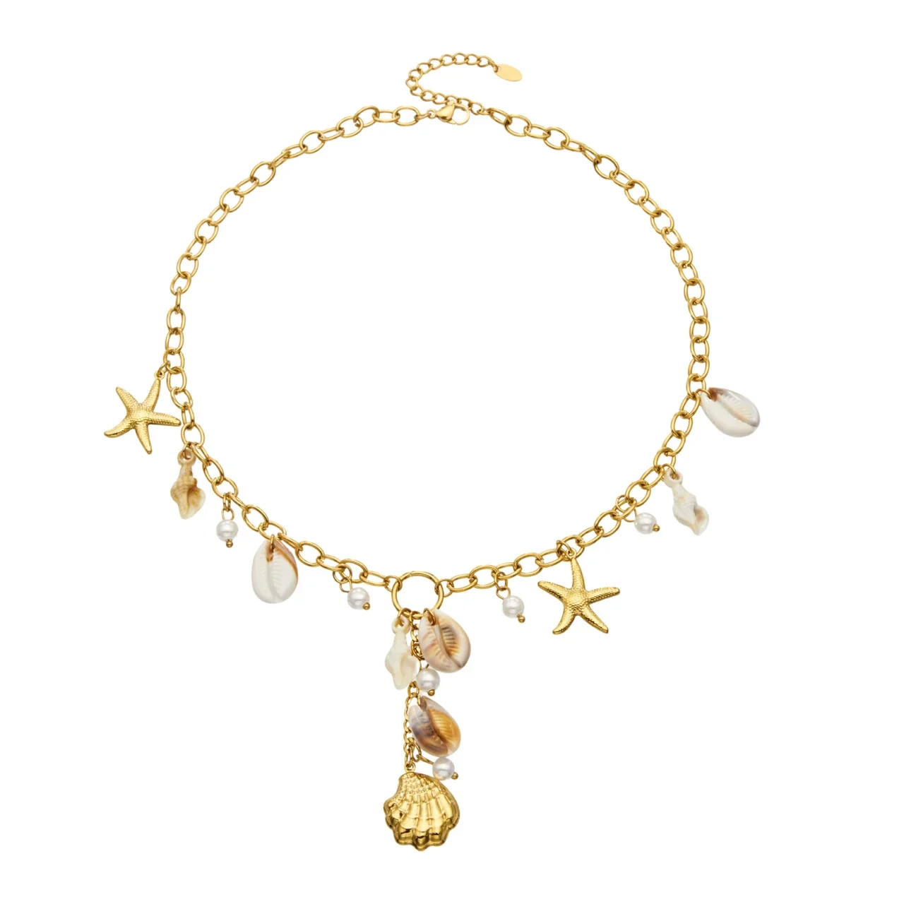 Necklace with Cowrie Shells, Starfish & Gold-Plated Steel