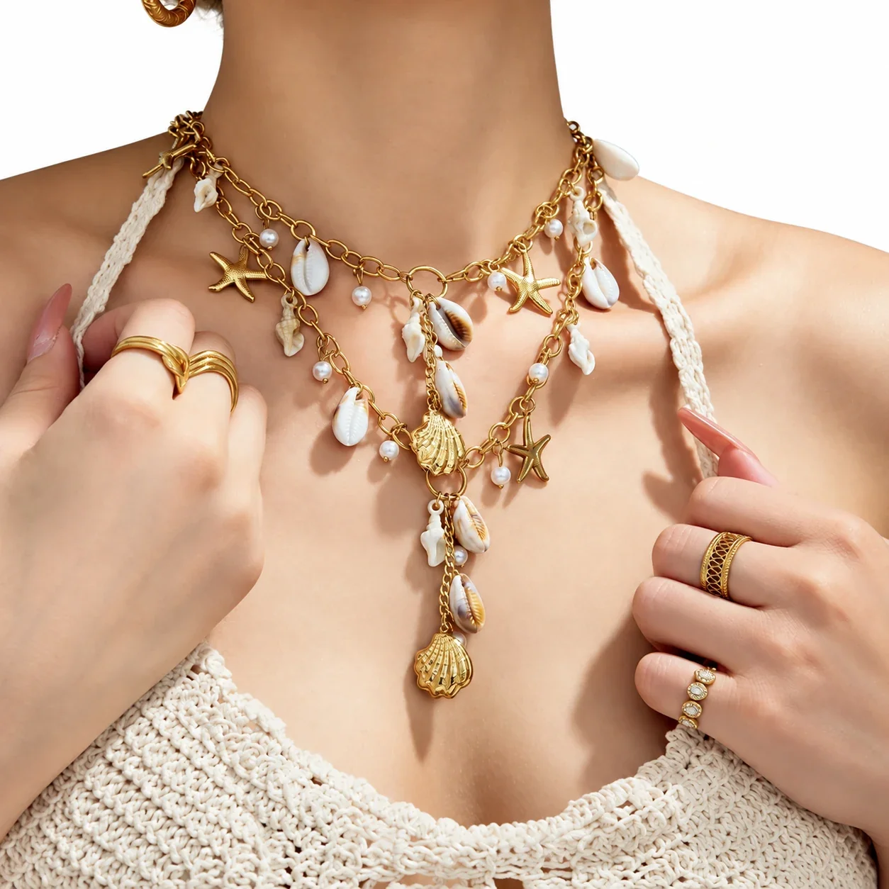 Necklace with Cowrie Shells, Starfish & Gold-Plated Steel