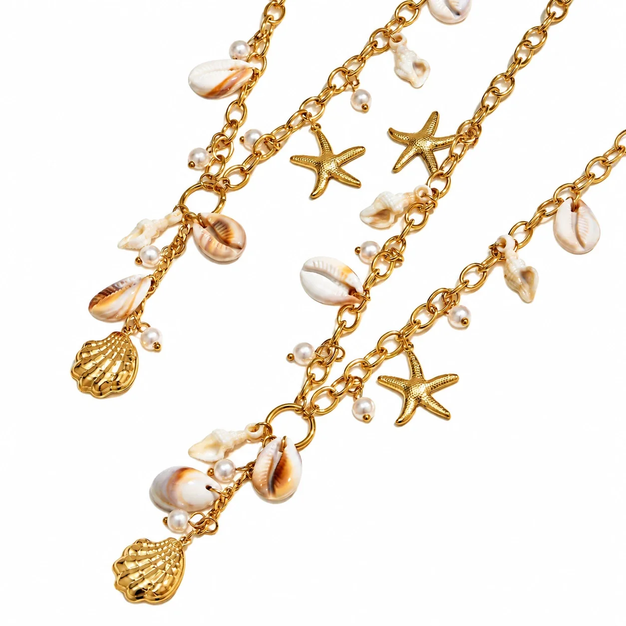 Necklace with Cowrie Shells, Starfish & Gold-Plated Steel