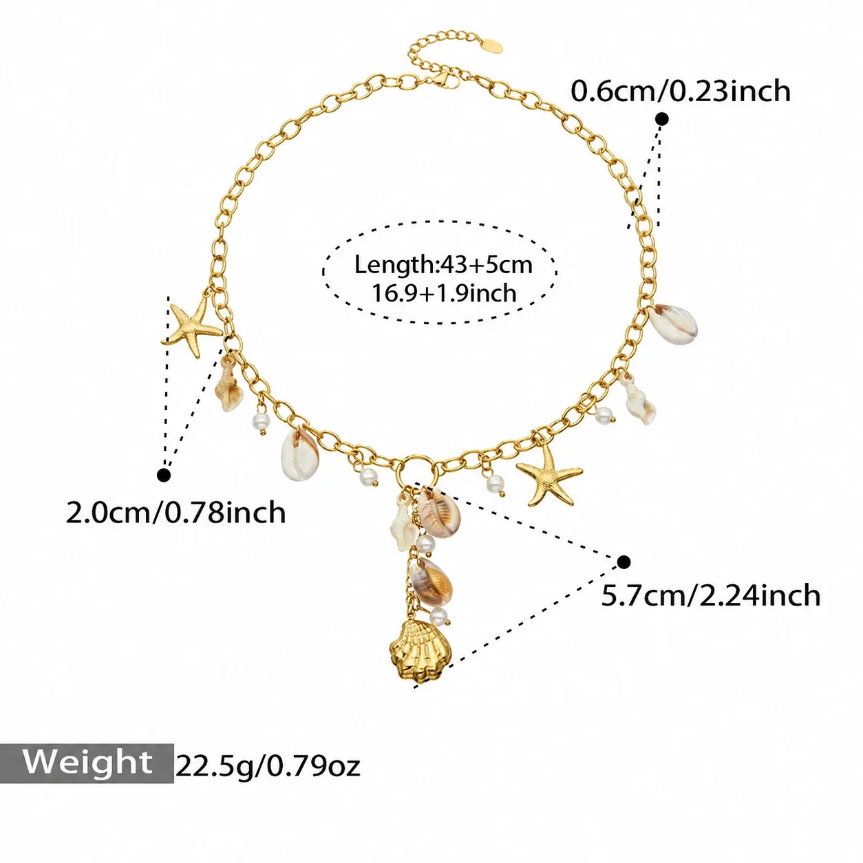 Necklace with Cowrie Shells, Starfish & Gold-Plated Steel - Gold