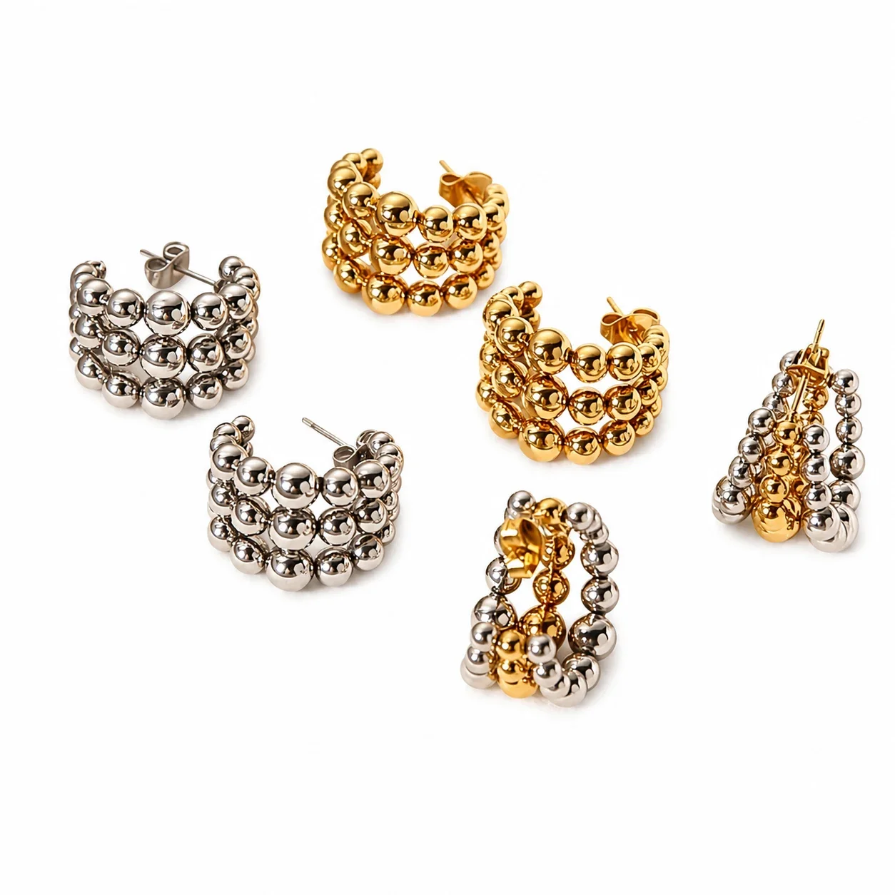 Sculptural Stainless Steel Bead Hoop Earrings