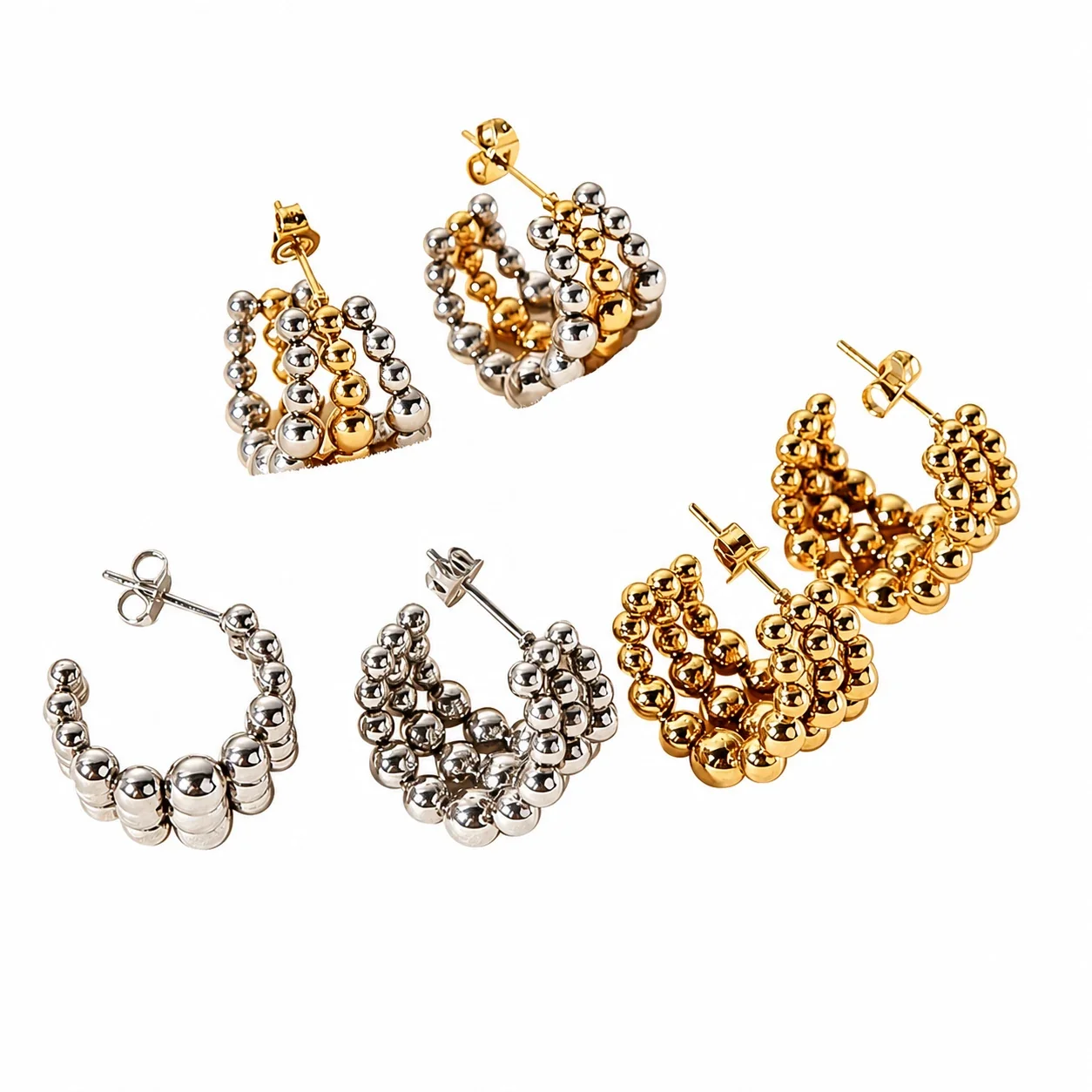 Sculptural Stainless Steel Bead Hoop Earrings