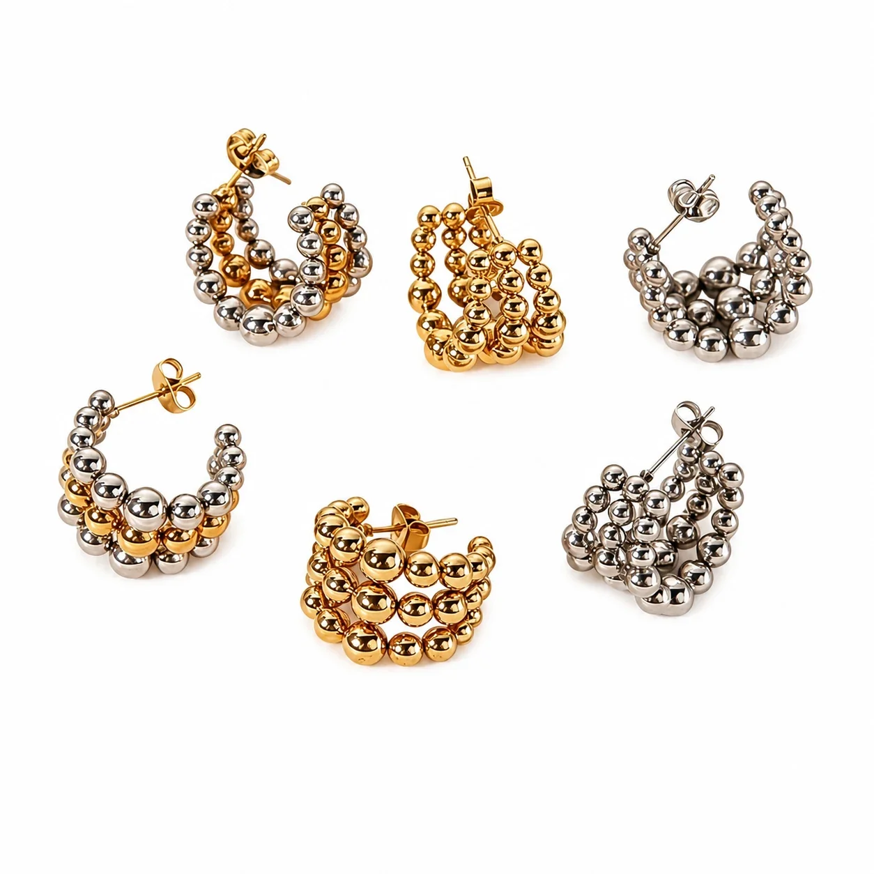 Sculptural Stainless Steel Bead Hoop Earrings