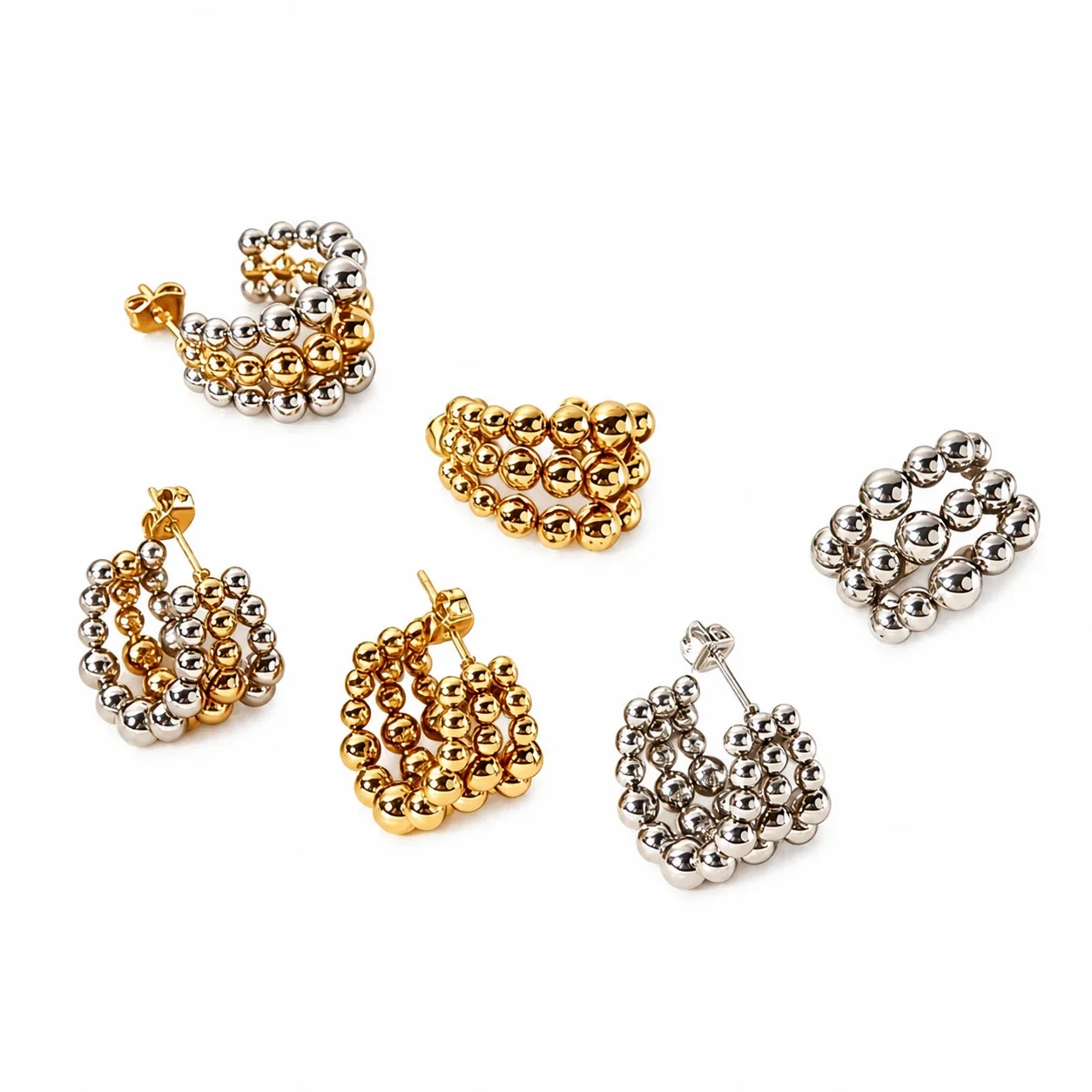 Sculptural Stainless Steel Bead Hoop Earrings