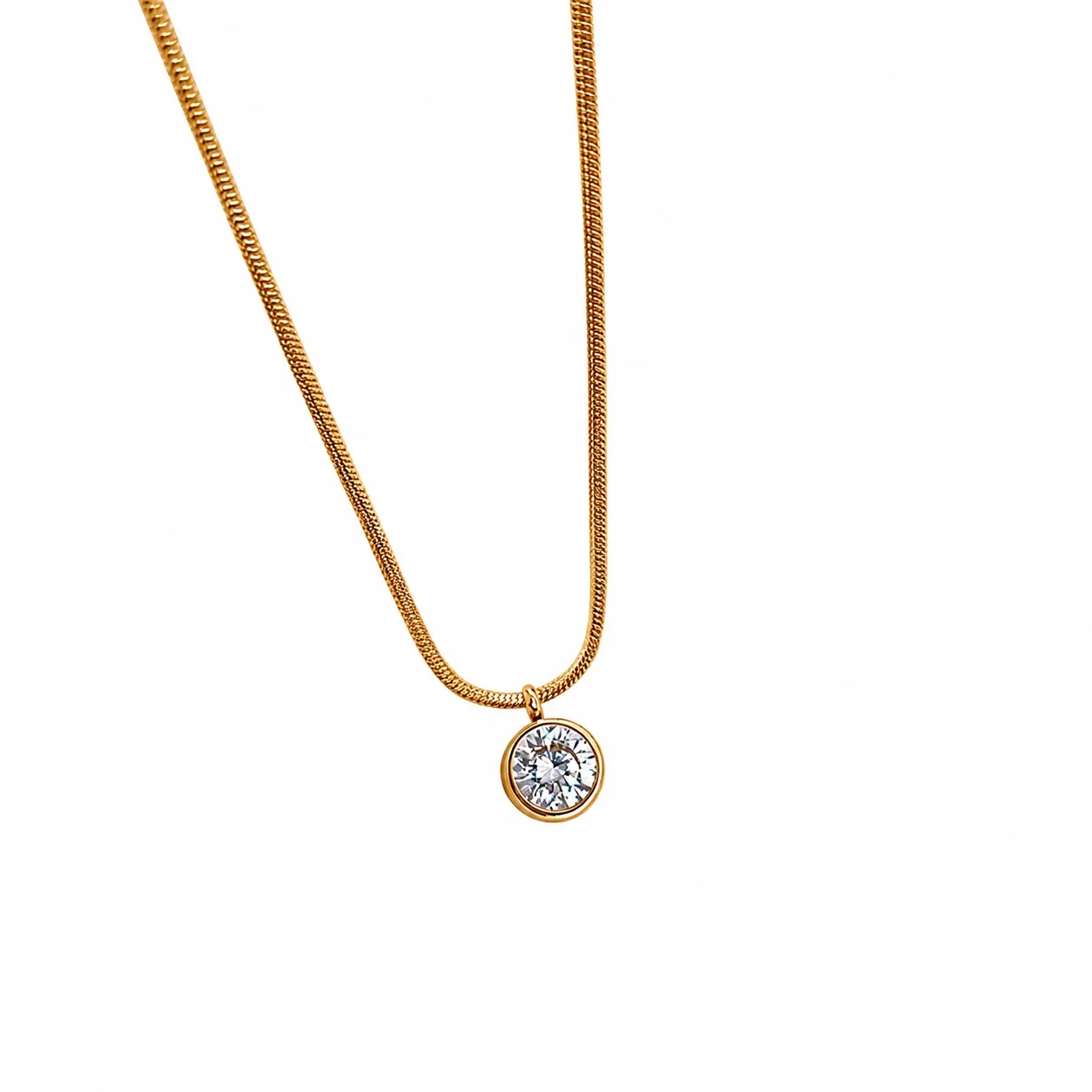 Pendant Necklace Round Bezel Crystal Snake Chain, Stainless Steel