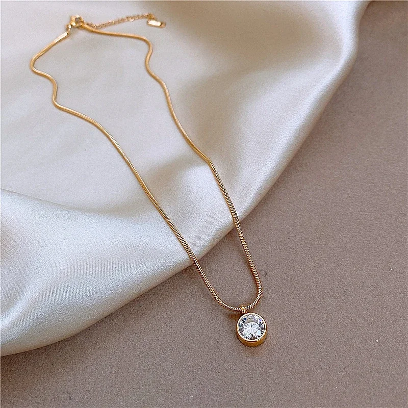 Produktfoto: Pendant Necklace Round Bezel Crystal Snake Chain, Stainless Steel