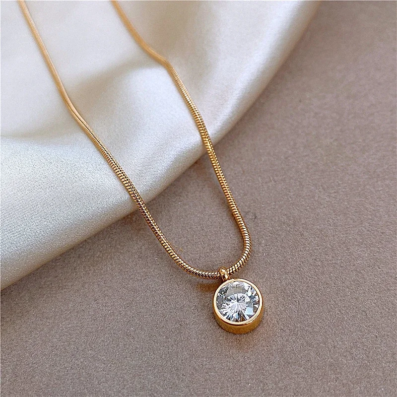 Produktfoto: Pendant Necklace Round Bezel Crystal Snake Chain, Stainless Steel