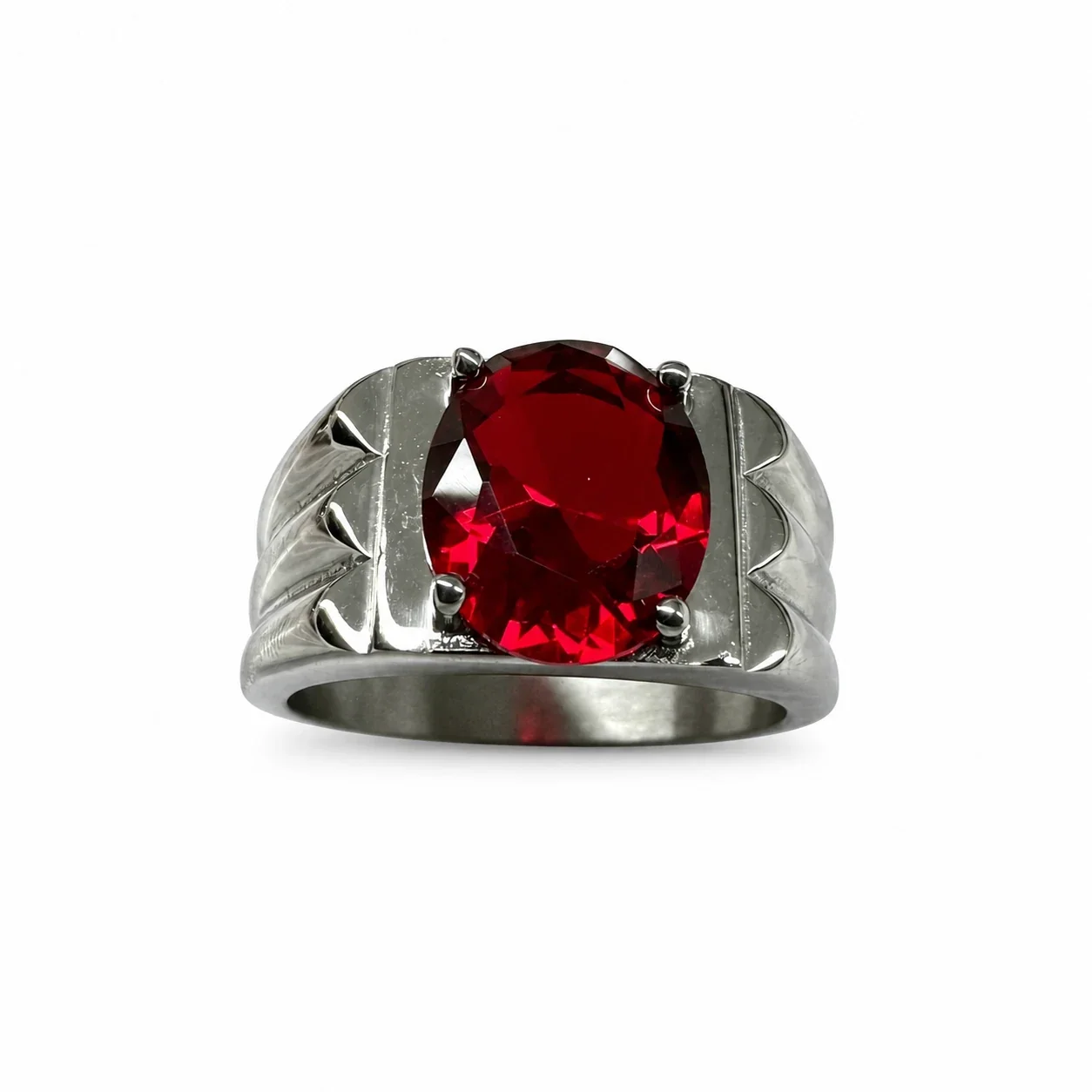 Bold 316 Stainless Steel Round Stone Signet Ring - Red