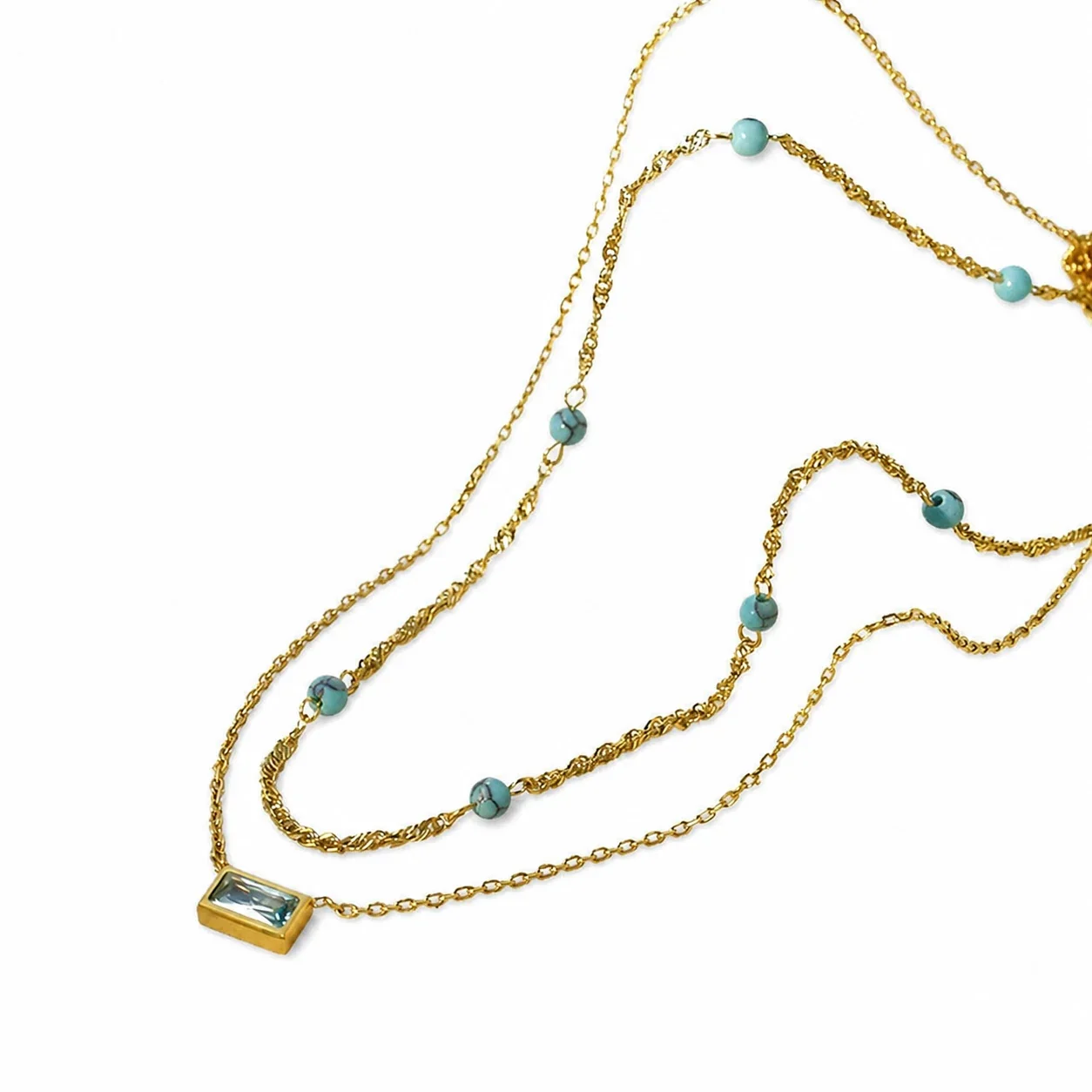 Layered Gold-Plated Rectangular Blue Stone Necklace