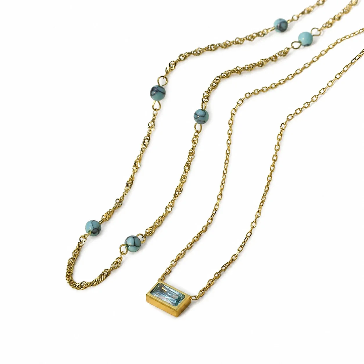 Layered Gold-Plated Rectangular Blue Stone Necklace