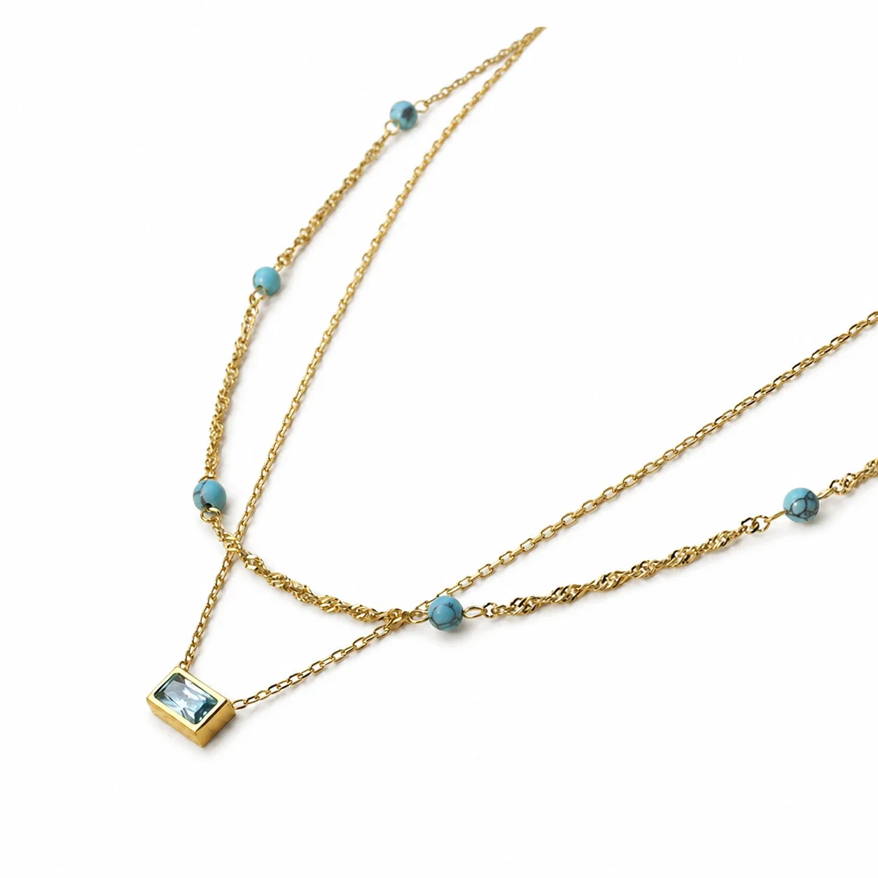 Layered Gold-Plated Rectangular Blue Stone Necklace