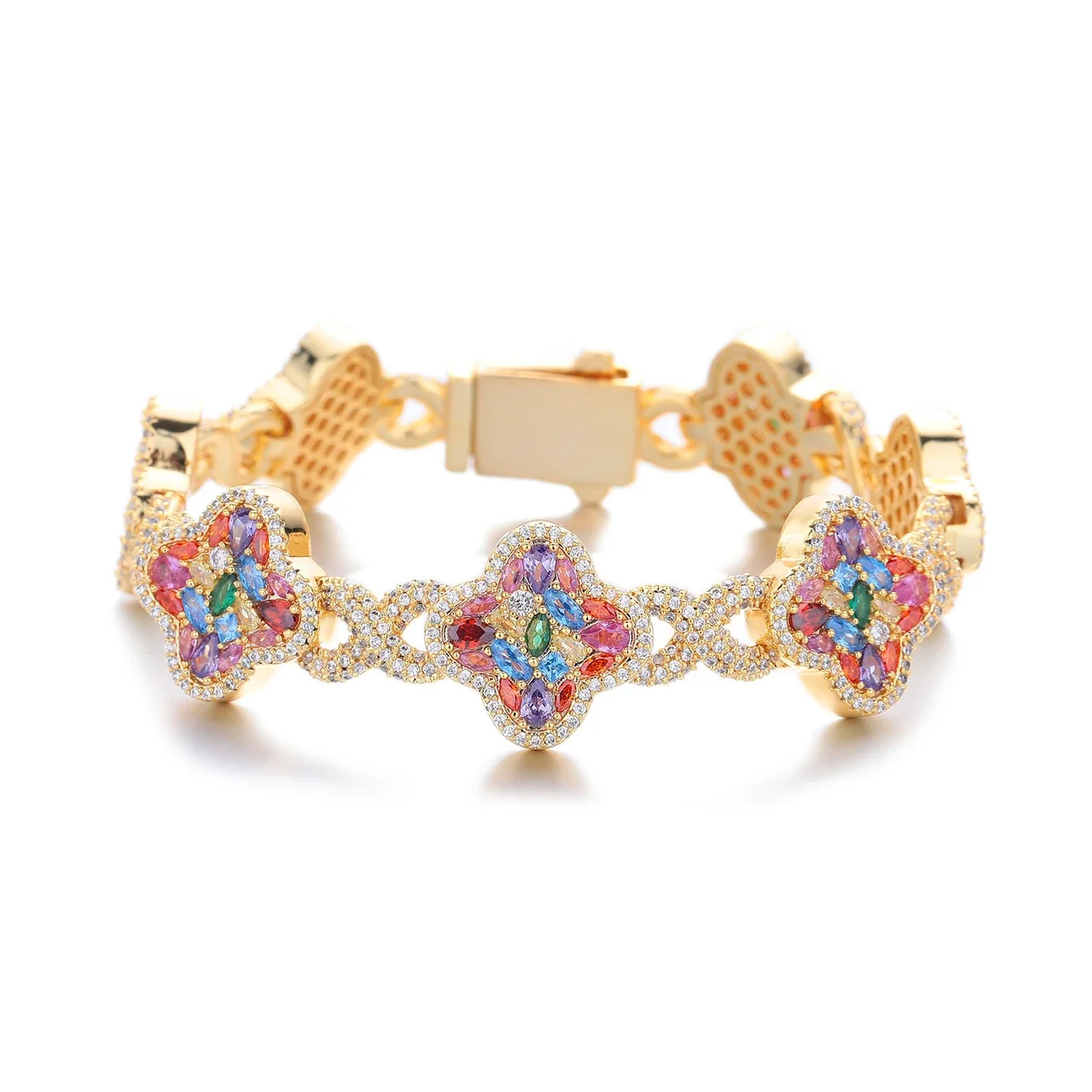 Ornate Stainless Steel Clover Marquise CZ Chain Bracelet