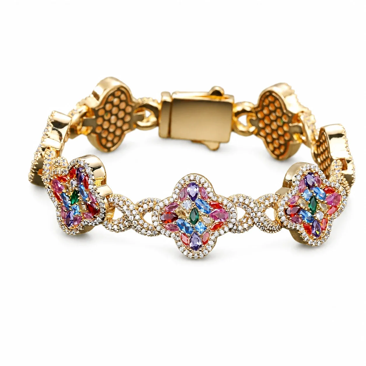 Ornate Stainless Steel Clover Marquise CZ Chain Bracelet